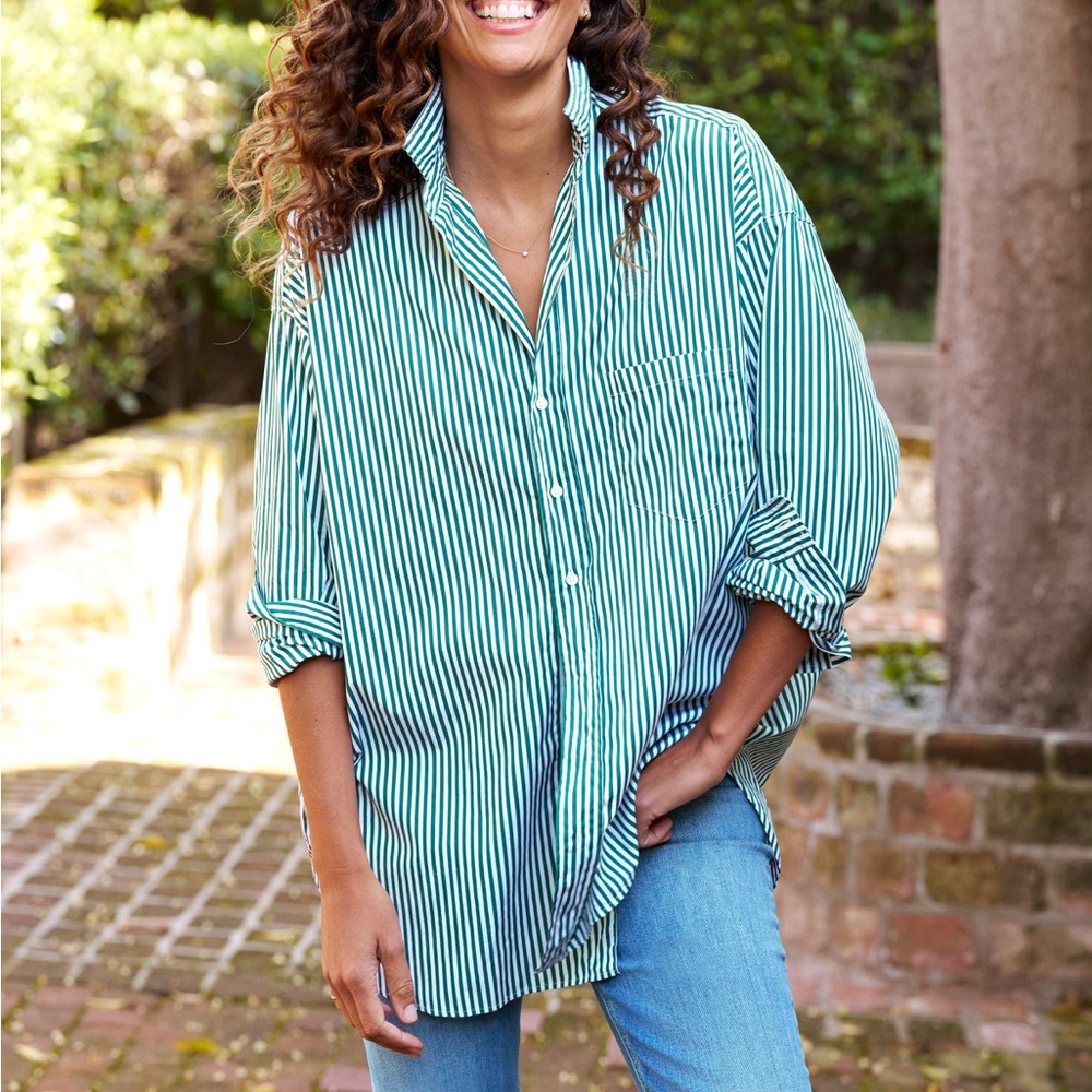 Frank & Eileen Shirley Superluxe Oversize Green White Stripe Button Up Shirt XL
